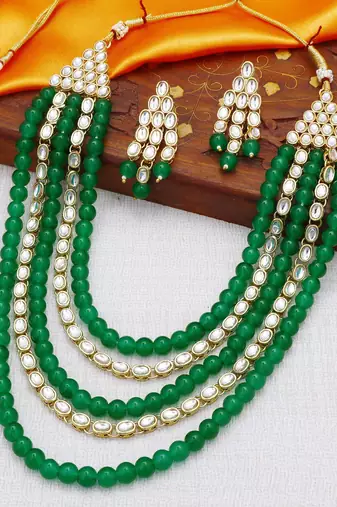 Aheli kundan brass alloy pearl long necklace with earring indian traditional jewellery set