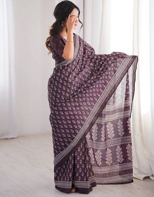 Brown bloue piece with cotton printed saree 2
