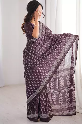 Brown bloue piece with cotton printed saree