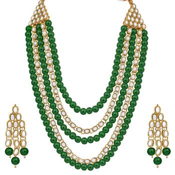 Aheli kundan brass alloy pearl long necklace with earring indian traditional jewellery set 3