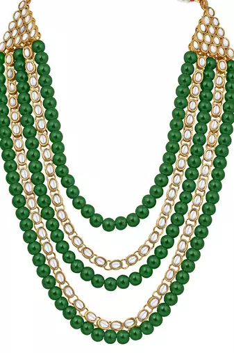 Aheli kundan brass alloy pearl long necklace with earring indian traditional jewellery set