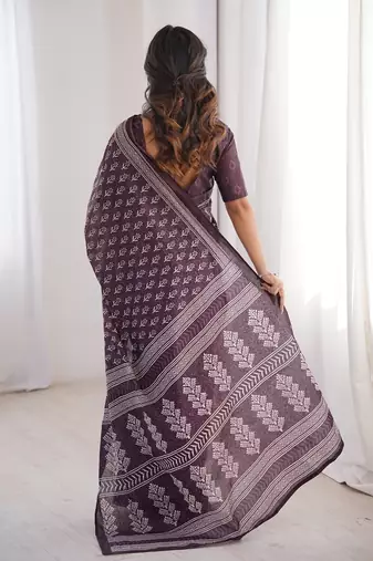 Brown bloue piece with cotton printed saree