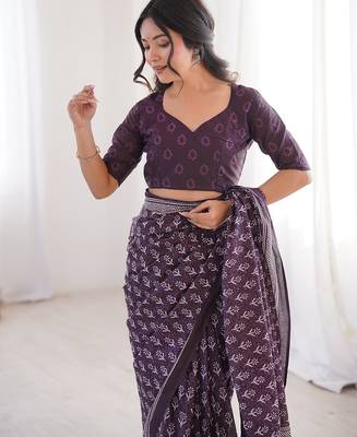 Brown bloue piece with cotton printed saree 4