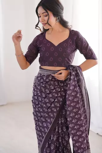 Brown bloue piece with cotton printed saree