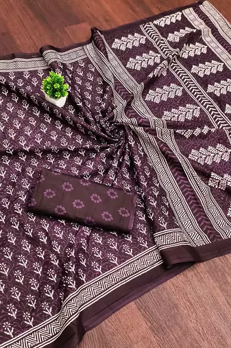 Brown bloue piece with cotton printed saree