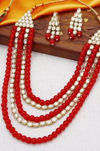 Aheli kundan pearl long necklace with earring indian traditional jewellery set