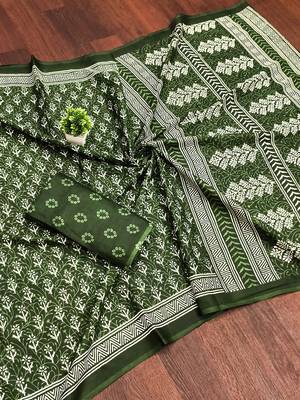 Green bloue piece with cotton printed saree 5