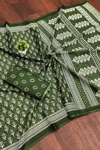 Green bloue piece with cotton printed saree
