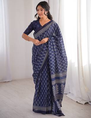 Indigo bloue piece with cotton printed saree 1