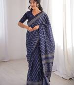Indigo bloue piece with cotton printed saree