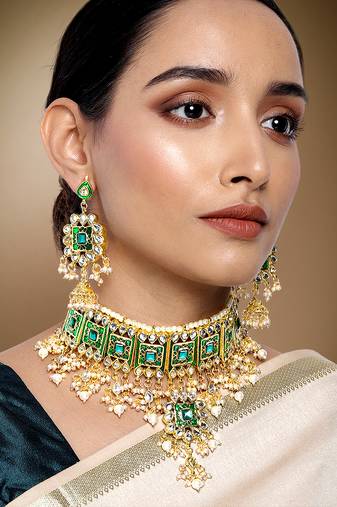 Aheli green meenakari beads studded bridal choker necklace earring jewellery set