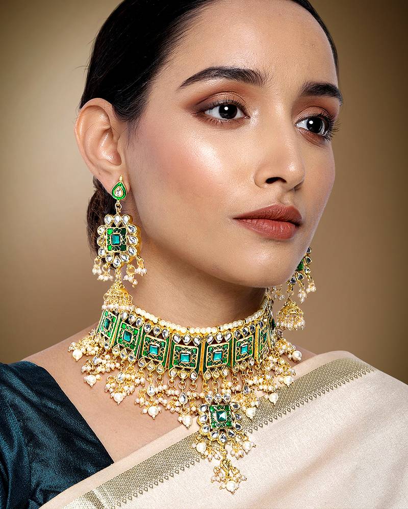 Aheli green meenakari beads studded bridal choker necklace earring jewellery set