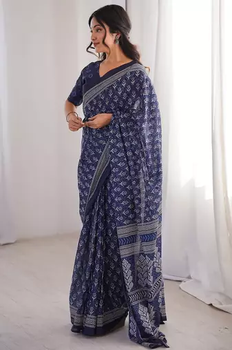 Indigo bloue piece with cotton printed saree