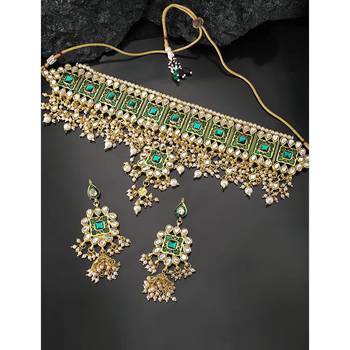 Aheli green meenakari beads studded bridal choker necklace earring jewellery set 2