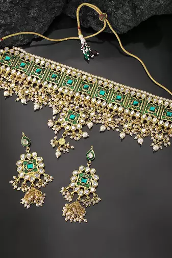 Aheli green meenakari beads studded bridal choker necklace earring jewellery set