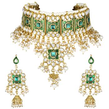 Aheli green meenakari beads studded bridal choker necklace earring jewellery set 3