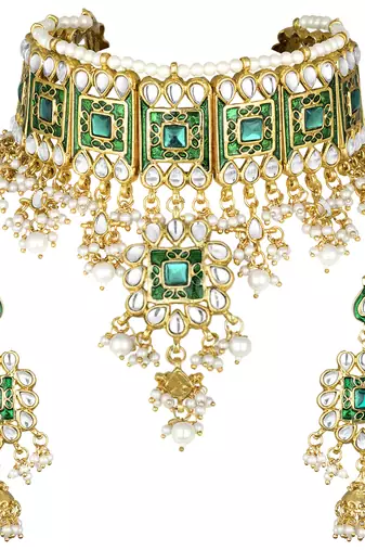 Aheli green meenakari beads studded bridal choker necklace earring jewellery set