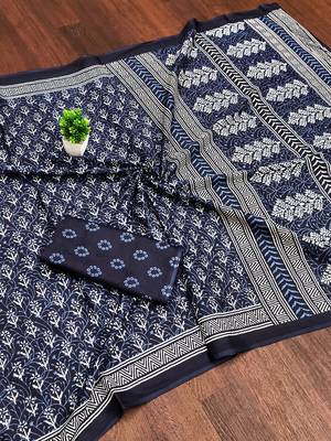 Indigo bloue piece with cotton printed saree 5