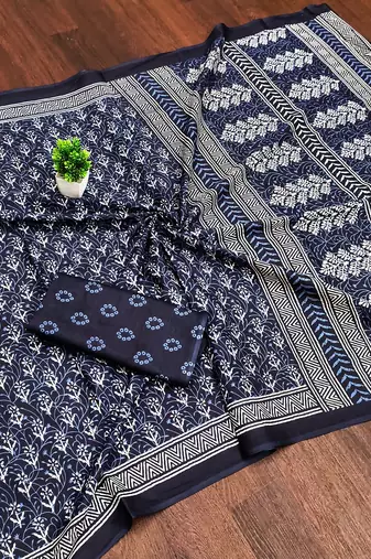 Indigo bloue piece with cotton printed saree
