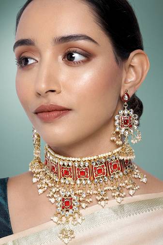 Aheli red meenakari bridal choker necklace dangler earring jewellery set