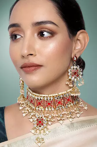 Aheli red meenakari bridal choker necklace dangler earring jewellery set