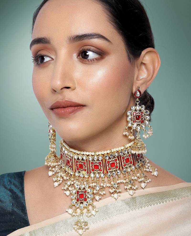 Aheli red meenakari bridal choker necklace dangler earring jewellery set