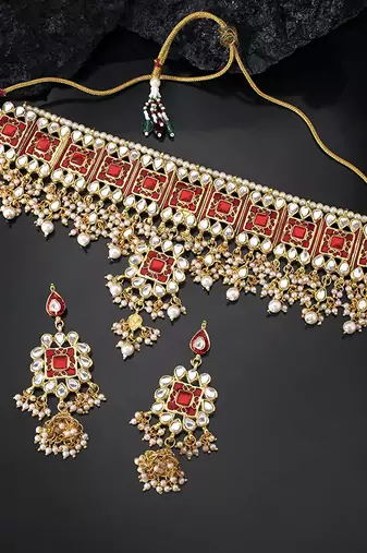 Aheli red meenakari bridal choker necklace dangler earring jewellery set
