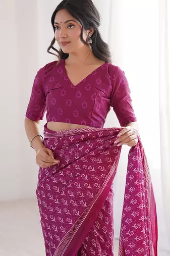 Pink bloue piece with cotton printed saree