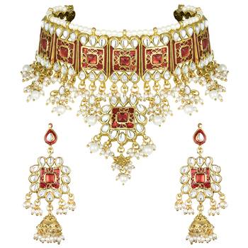 Aheli red meenakari bridal choker necklace dangler earring jewellery set 3