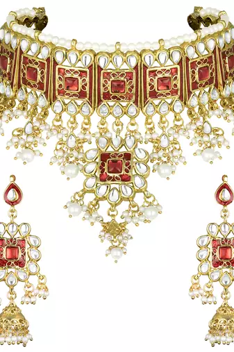 Aheli red meenakari bridal choker necklace dangler earring jewellery set