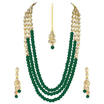 Aheli green traditional jewellery kundan pearl layered necklace earring maang tika set   fancy 4