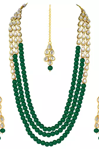 Aheli green traditional jewellery kundan pearl layered necklace earring maang tika set   fancy