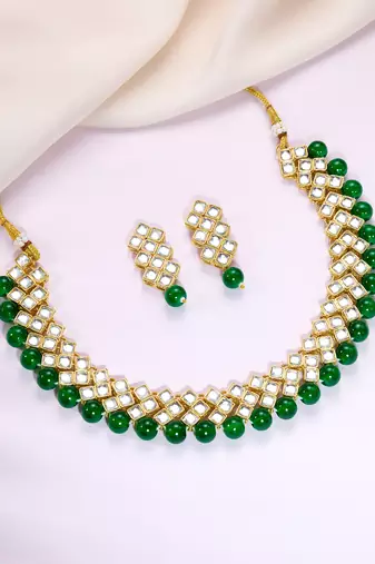 Aheli green indian kundan pearl bridal traditional choker necklace jewellery set with earrings