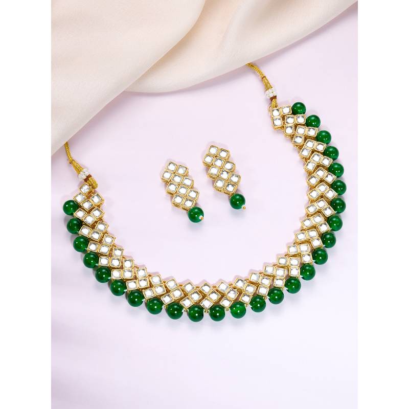 Aheli green indian kundan pearl bridal traditional choker necklace jewellery set with earrings