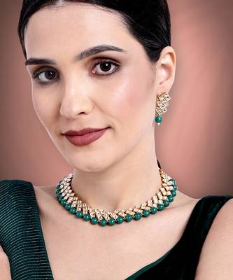 Aheli green indian kundan pearl bridal traditional choker necklace jewellery set with earrings 2