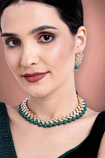 Aheli green indian kundan pearl bridal traditional choker necklace jewellery set with earrings