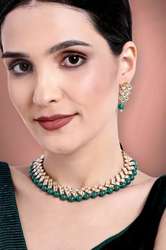 Aheli green indian kundan pearl bridal traditional choker necklace jewellery set with earrings