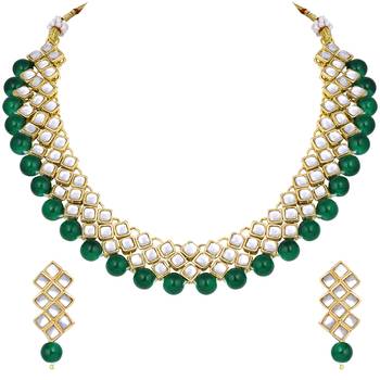 Aheli green indian kundan pearl bridal traditional choker necklace jewellery set with earrings 3