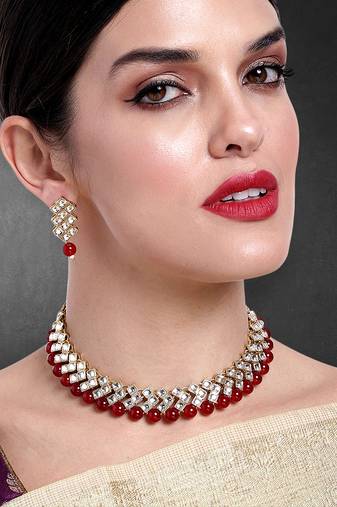 Aheli maroon ethnic kundan pearl bridal traditional choker necklace jewellery set with earrings