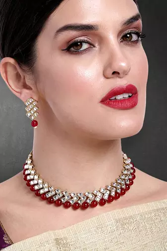 Aheli maroon ethnic kundan pearl bridal traditional choker necklace jewellery set with earrings