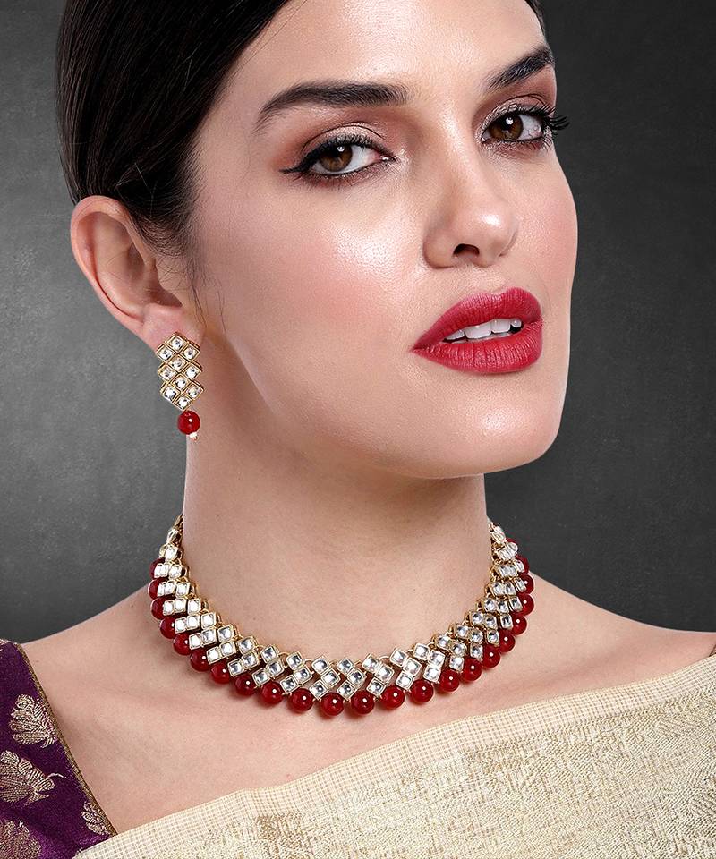 Aheli maroon ethnic kundan pearl bridal traditional choker necklace jewellery set with earrings