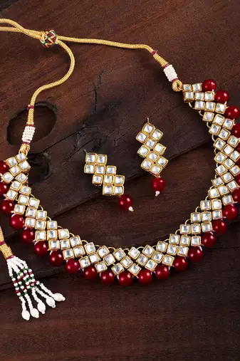 Aheli maroon ethnic kundan pearl bridal traditional choker necklace jewellery set with earrings