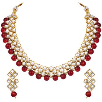 Aheli maroon ethnic kundan pearl bridal traditional choker necklace jewellery set with earrings 3