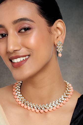 Aheli peach ethnic kundan pearl fancy bridal traditional choker necklace jewellery set with earrings