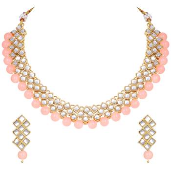 Aheli peach ethnic kundan pearl fancy bridal traditional choker necklace jewellery set with earrings 3