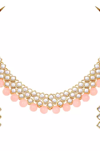 Aheli peach ethnic kundan pearl fancy bridal traditional choker necklace jewellery set with earrings