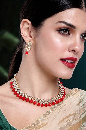 Aheli red indian ethnic kundan pearl fancy bridal traditional choker necklace jewellery set with earrings