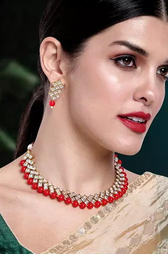 Aheli red indian ethnic kundan pearl fancy bridal traditional choker necklace jewellery set with earrings