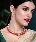 Aheli red indian ethnic kundan pearl fancy bridal traditional choker necklace jewellery set with earrings