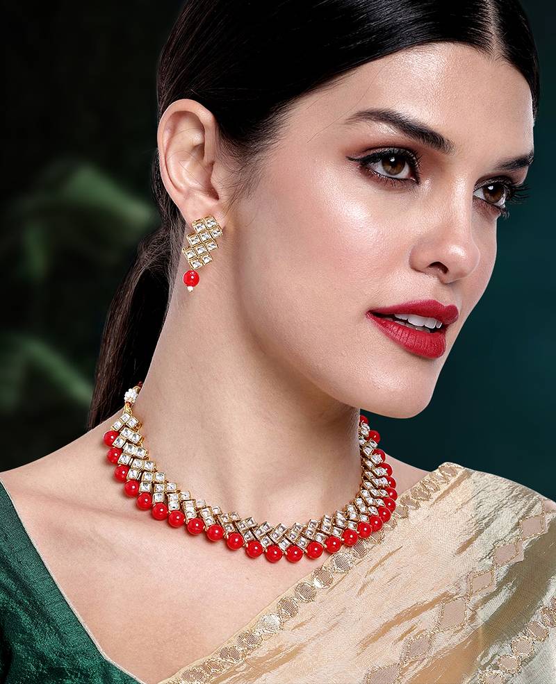Aheli red indian ethnic kundan pearl fancy bridal traditional choker necklace jewellery set with earrings